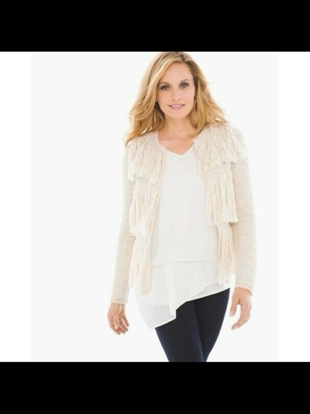 Trendy boho style Chico's Ivory Fringe Knit Cardigan